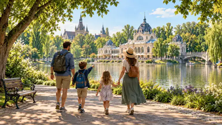 Illusztráció: család gyerekekkel egy zöld budapesti parkban, városi felfedező séta közben.