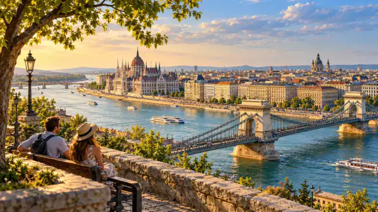 Illusztráció: Budapest dunai panorámája a Lánchíddal, a Parlamenttel és történelmi épületekkel.
