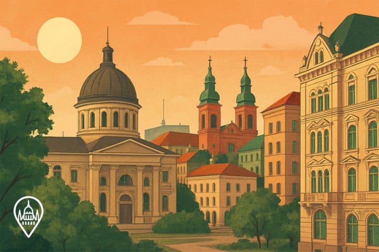 Budapesti városkép naplementében, történelmi épületek és templomok.